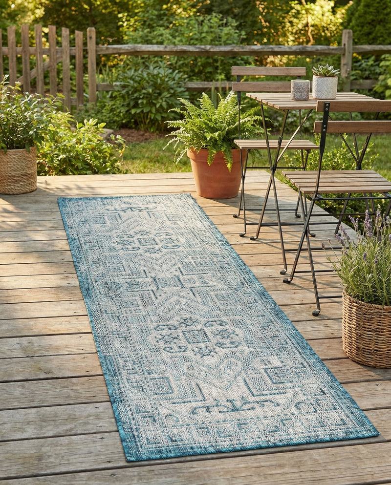 Tribal Terrace Treasures Collection Area Rug - Mayan Marina (Teal) Runner Teal  lifestyle 84