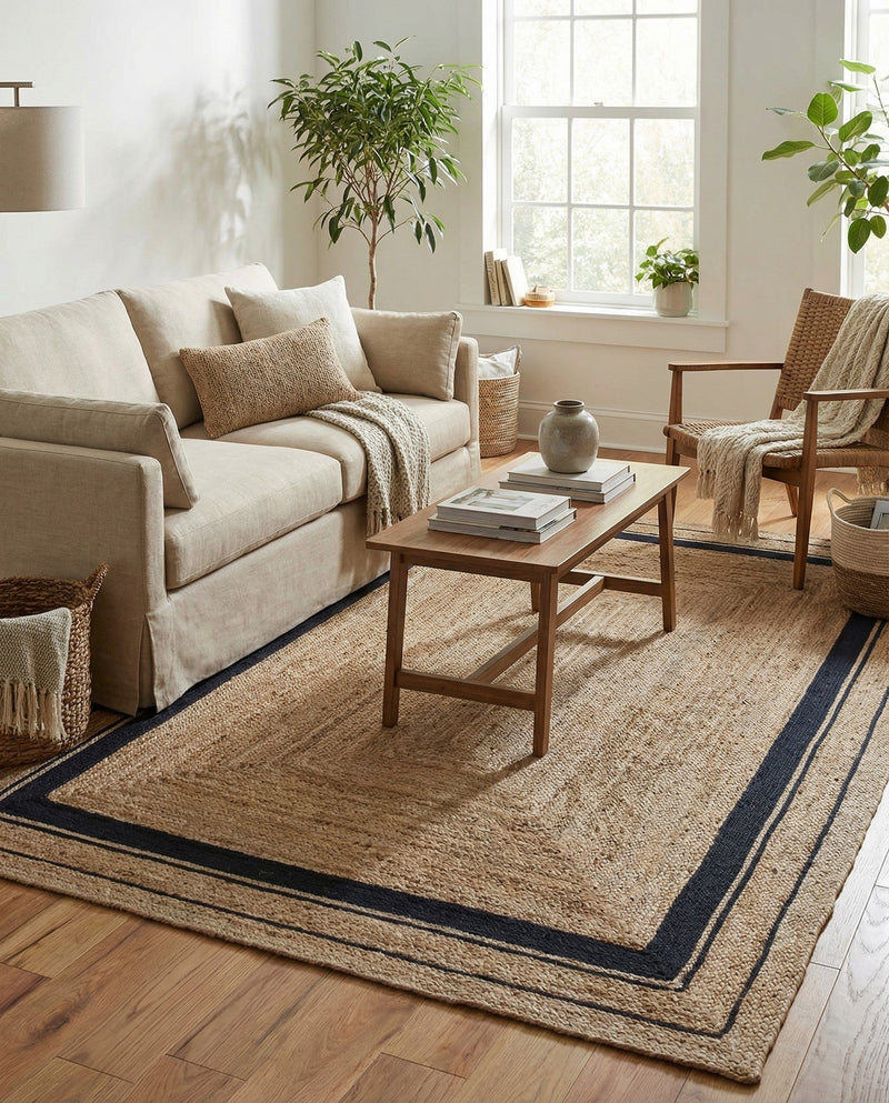 Woven Seaside Jute Collection Area Rug - Nantucket Rectangle Natural and Navy Blue  lifestyle 31
