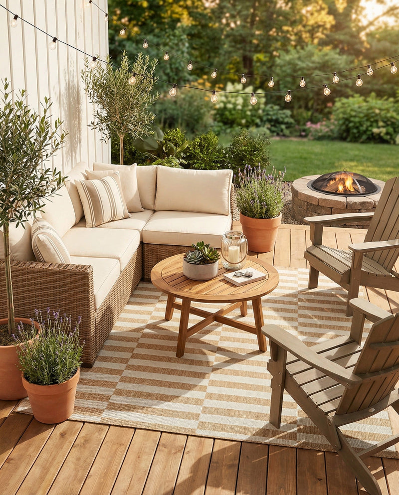 Seaside Stripes Collection Area Rug - Cabana (Taupe) Square Taupe  lifestyle 42