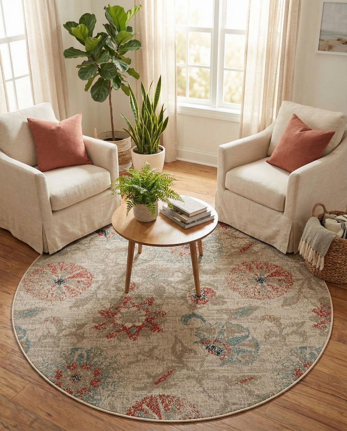 Seaside Blooms Collection Area Rug - Seychelles Round Beige  lifestyle 125