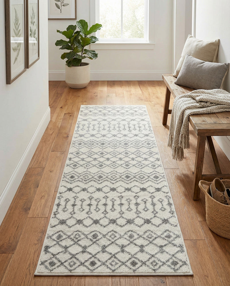 Mediterranean Lattice Collection Area Rug - Santorini (Ivory and Gray) Runner Ivory and Gray  lifestyle 86