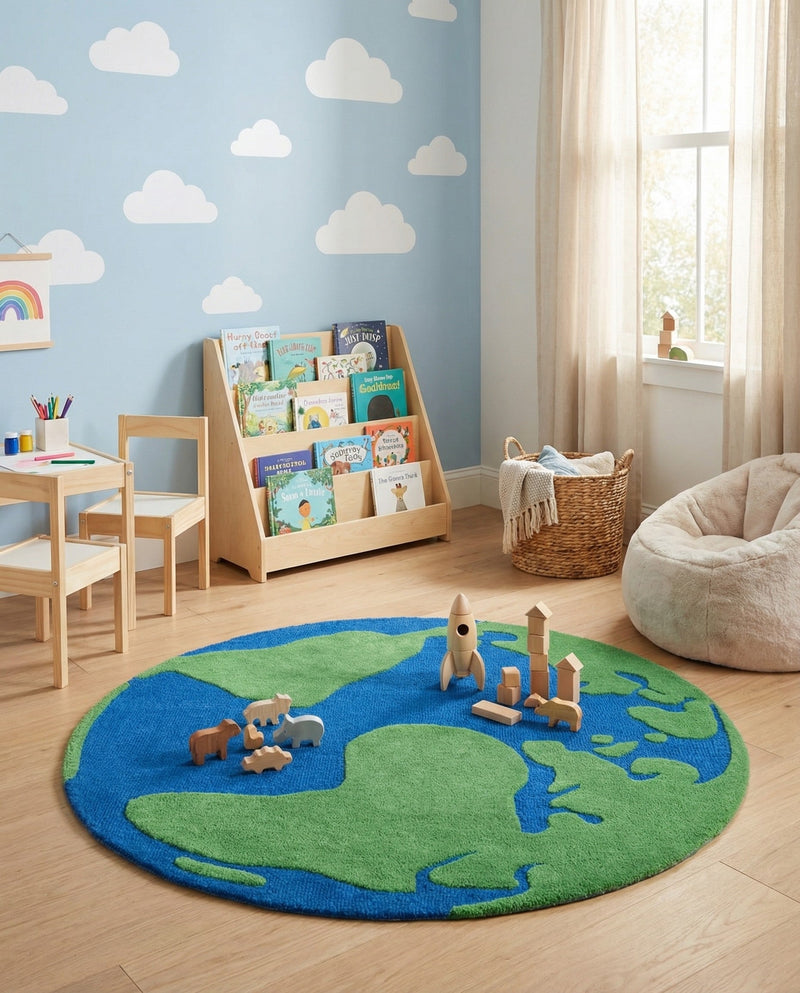 Whimsy Wonders Wool Collection Area Rug -  Island Round Blue and Green  lifestyle 12