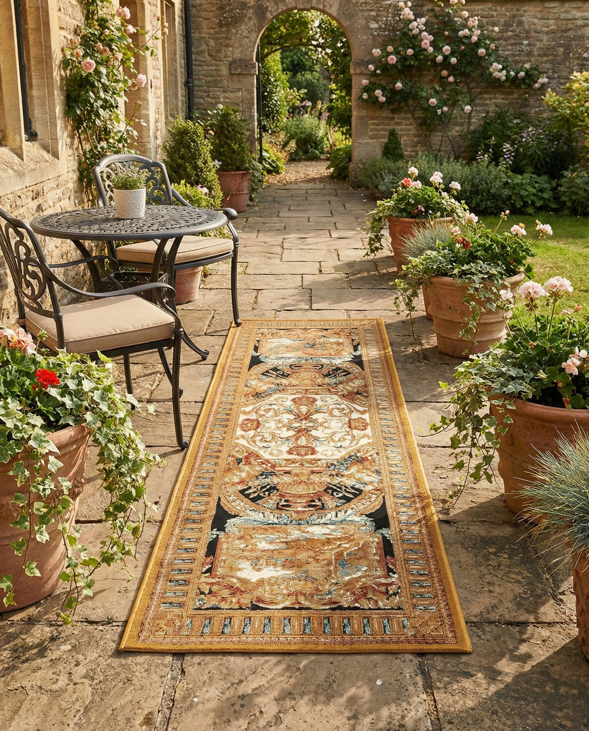 Patio Heritage Collection Area Rug - Veranda Runner Black Gold Brown  lifestyle 93