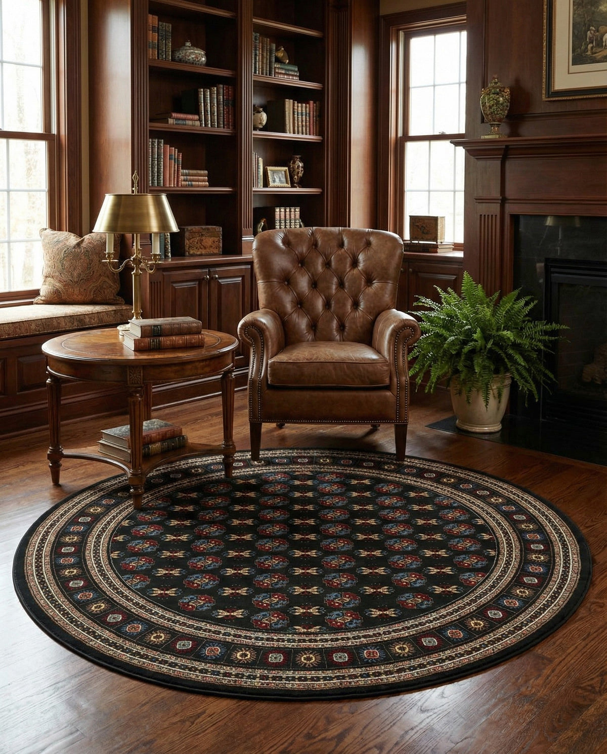 Samarkand Elegance Collection Area Rug -  Margilan (Dark Green) Round Dark Green  lifestyle 81