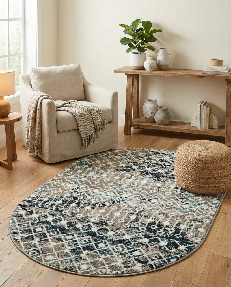 Mediterranean Lattice Collection Area Rug - Santorini (Multi Gray Blue) Oval Multi Gray Blue  lifestyle 82