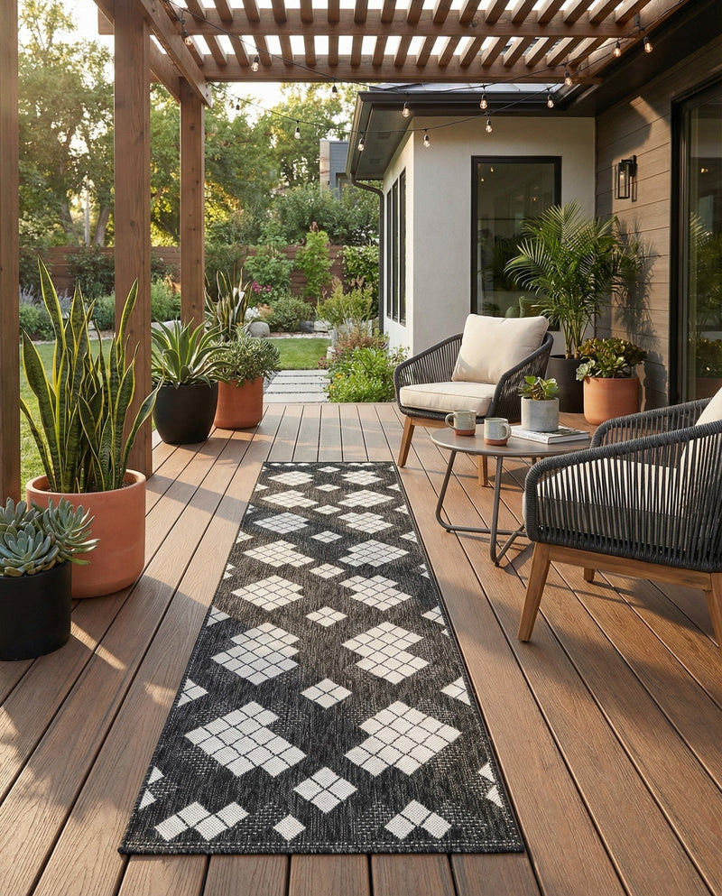 Urban Terrace Collection Area Rug -  Williamsburg Runner Black and White  lifestyle 62