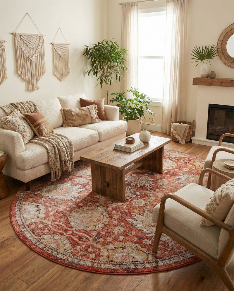 Seville Stripes Collection Area Rug -  Cordoba (Brick Red) Round Brick Red  lifestyle 85