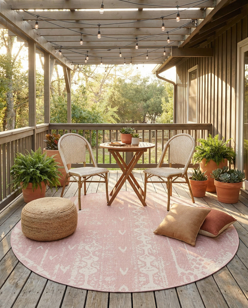 Desert Nomad Terrace Collection Area Rug - Sahara (Pink) Round Pink  lifestyle 44