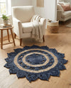 Woven Seaside Jute Collection Area Rug - Coastalhaven (Navy Blue and White) Round Navy Blue and White  lifestyle 29
