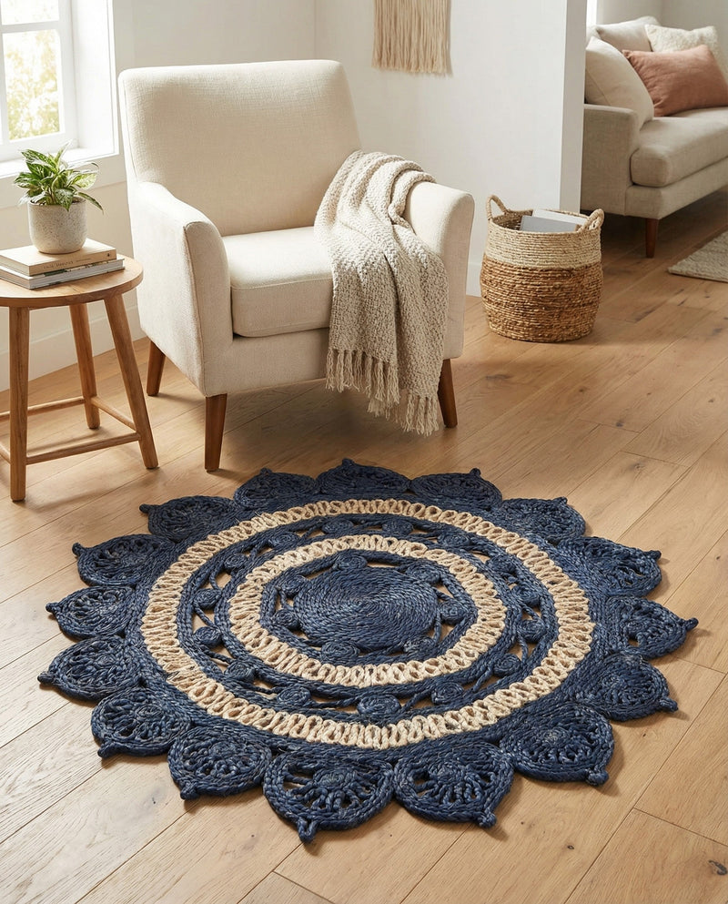 Woven Seaside Jute Collection Area Rug - Coastalhaven (Navy Blue and White) Round Navy Blue and White  lifestyle 29