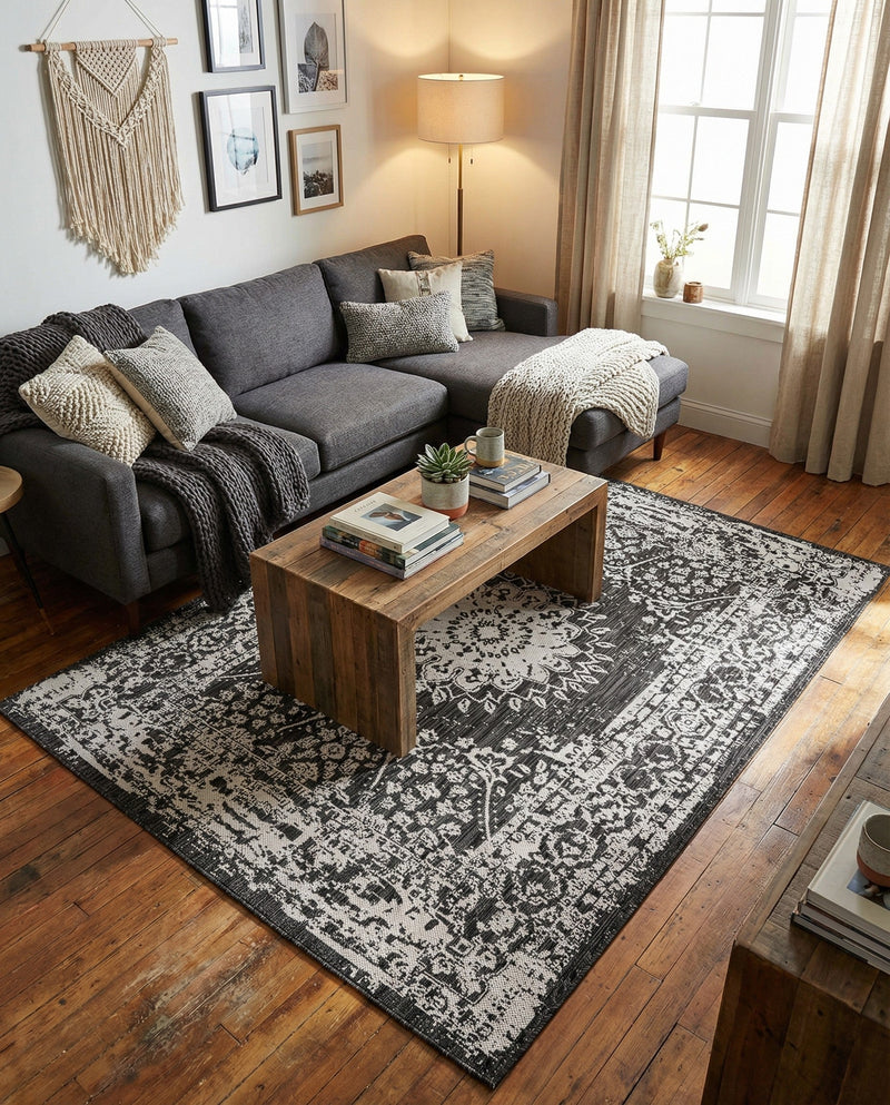 Patio Heritage Collection Area Rug -  Lafayette (Black and White) Rectangle Black and White  lifestyle 12