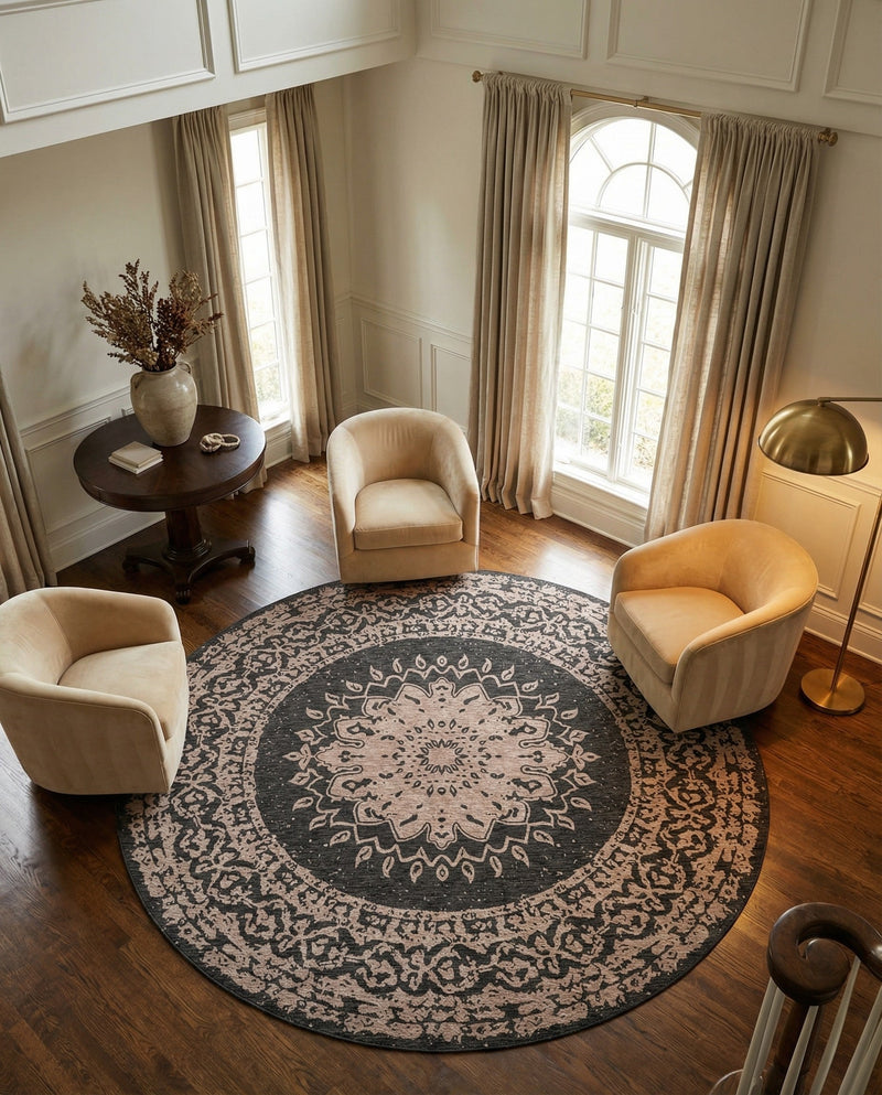 Patio Heritage Collection Area Rug -  Lafayette (Black) Round Black  lifestyle 63