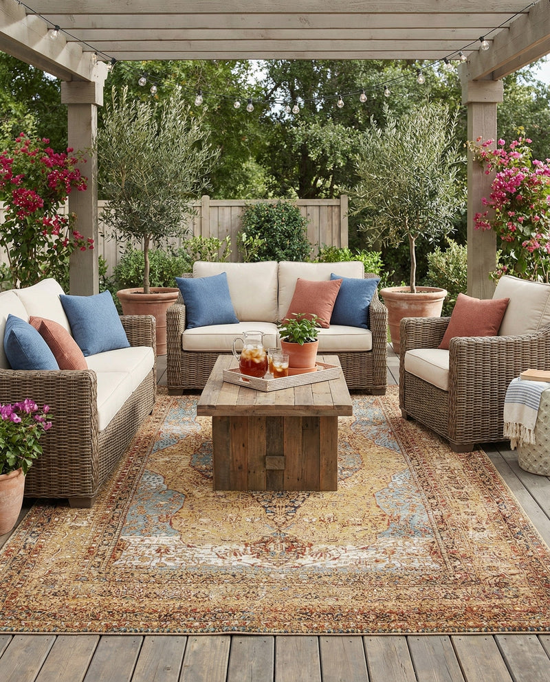 Patio Heritage Collection Area Rug -  Pergola Rectangle Blue and Light Brown  lifestyle 28