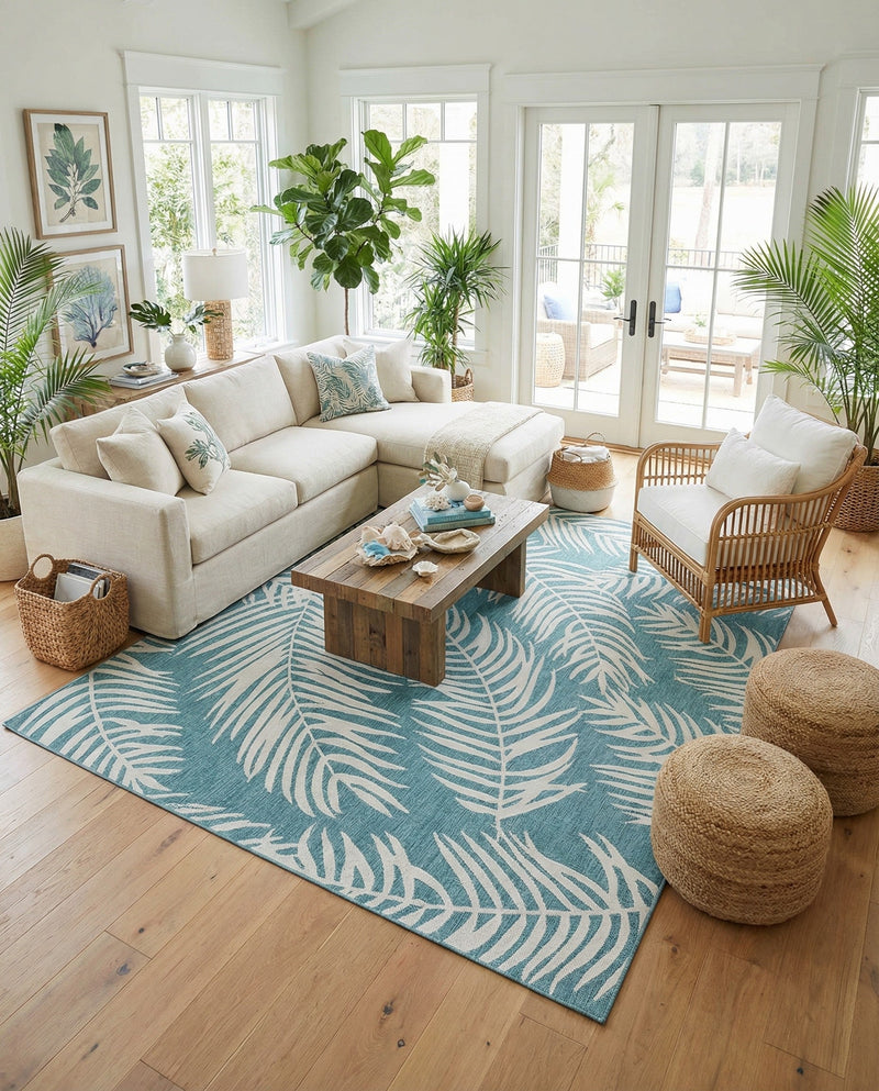 Seaside Blooms Collection Area Rug - Verdure (Light Aqua) Square Light Aqua  lifestyle 45