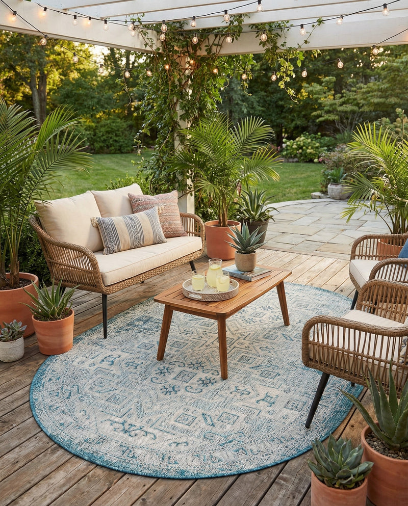 Tribal Terrace Treasures Collection Area Rug - Mayan Marina (Teal) Oval Teal  lifestyle 76