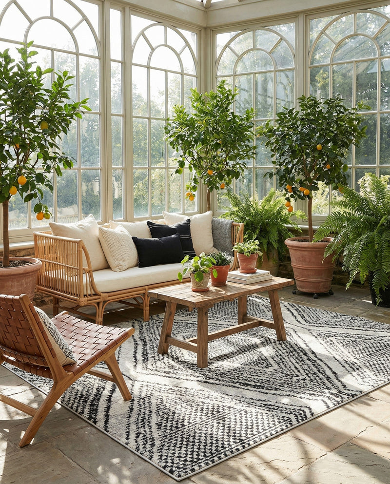 Marrakech Mosaic Collection Area Rug -  Medina Square Black and White  lifestyle 60