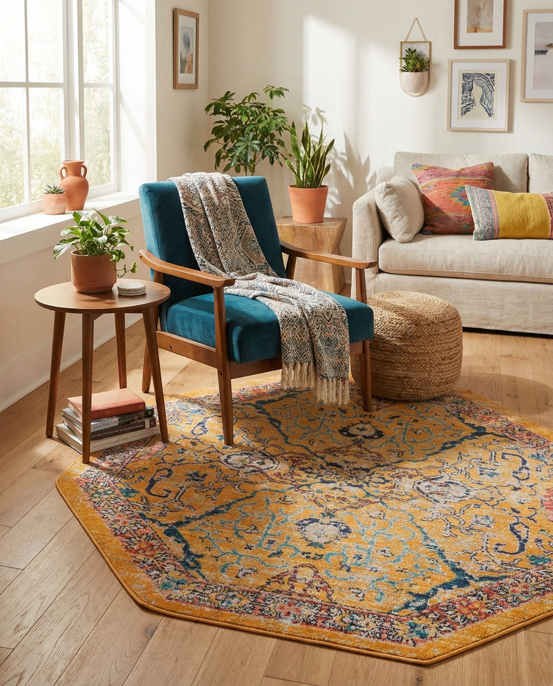 Seville Stripes Collection Area Rug -  Malaga (Yellow) Octagon Yellow  lifestyle 66