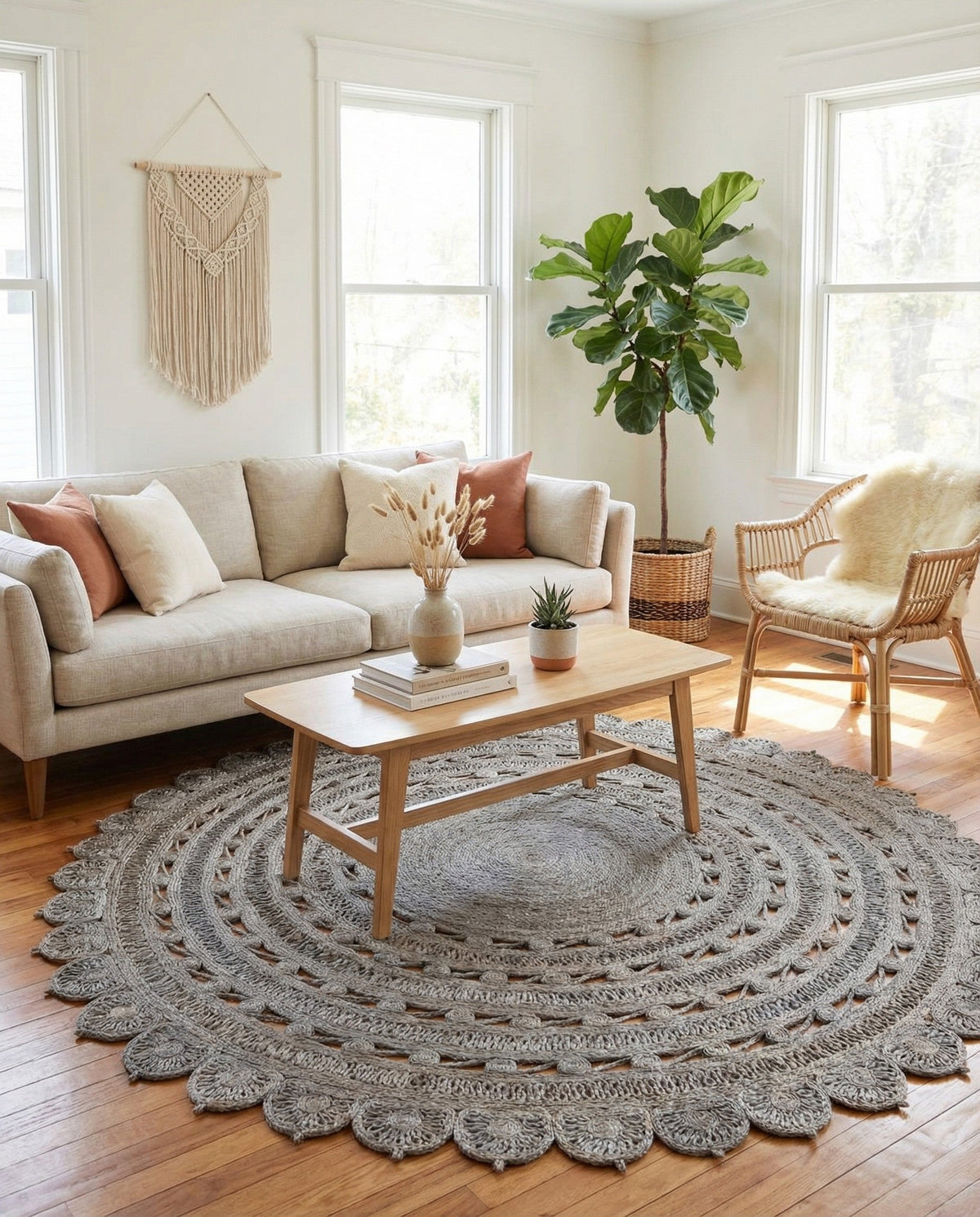 Woven Seaside Jute Collection Area Rug - Coastalhaven (Gray) Round Gray  lifestyle 36