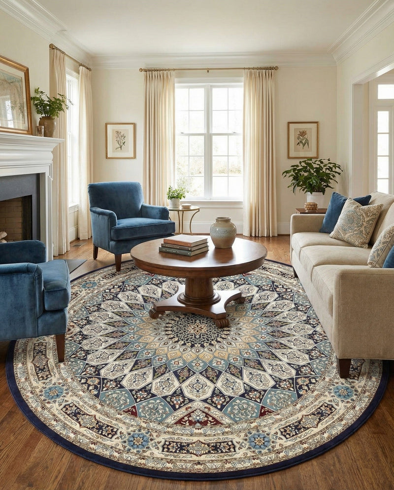 Persian Elegance Collection Area Rug -  Hamedan (Navy Blue) Round Navy Blue  lifestyle 69