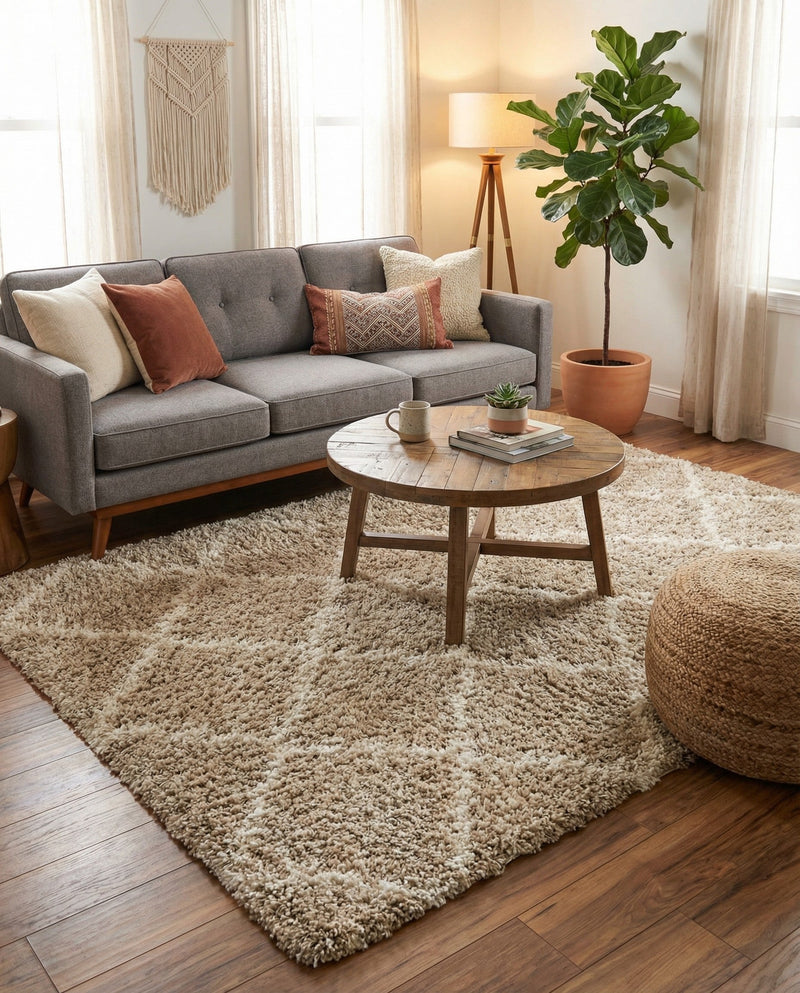 Berber Lattice Shag Collection Area Rug - Atlas (Light Brown) Rectangle Light Brown  lifestyle 3