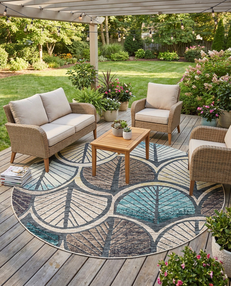 Outdoor Marrakesh Collection Area Rug -  Rabat Round Gray Blue Ivory  lifestyle 52