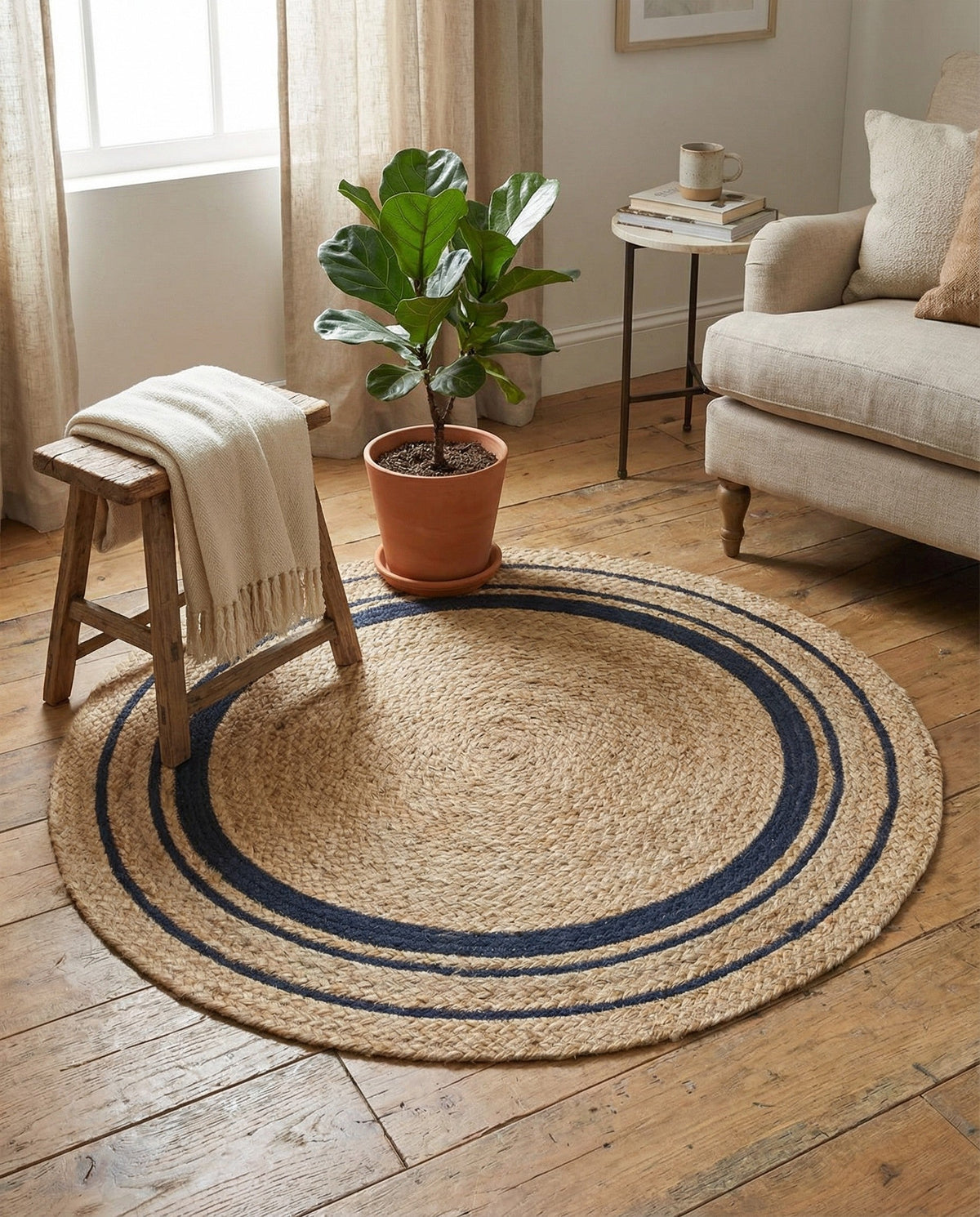 Woven Seaside Jute Collection Area Rug - Nantucket Round Natural and Navy Blue  lifestyle 62