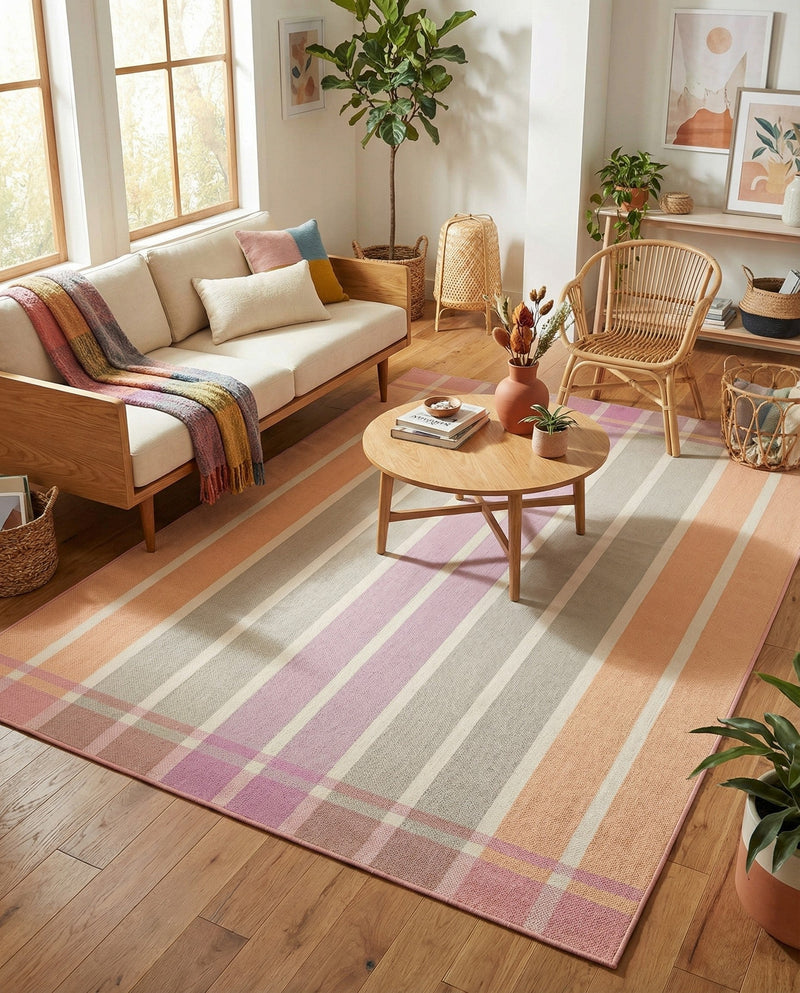 Seaside Stripes Collection Area Rug -  Coral Rectangle Pink and Lavender  lifestyle 54