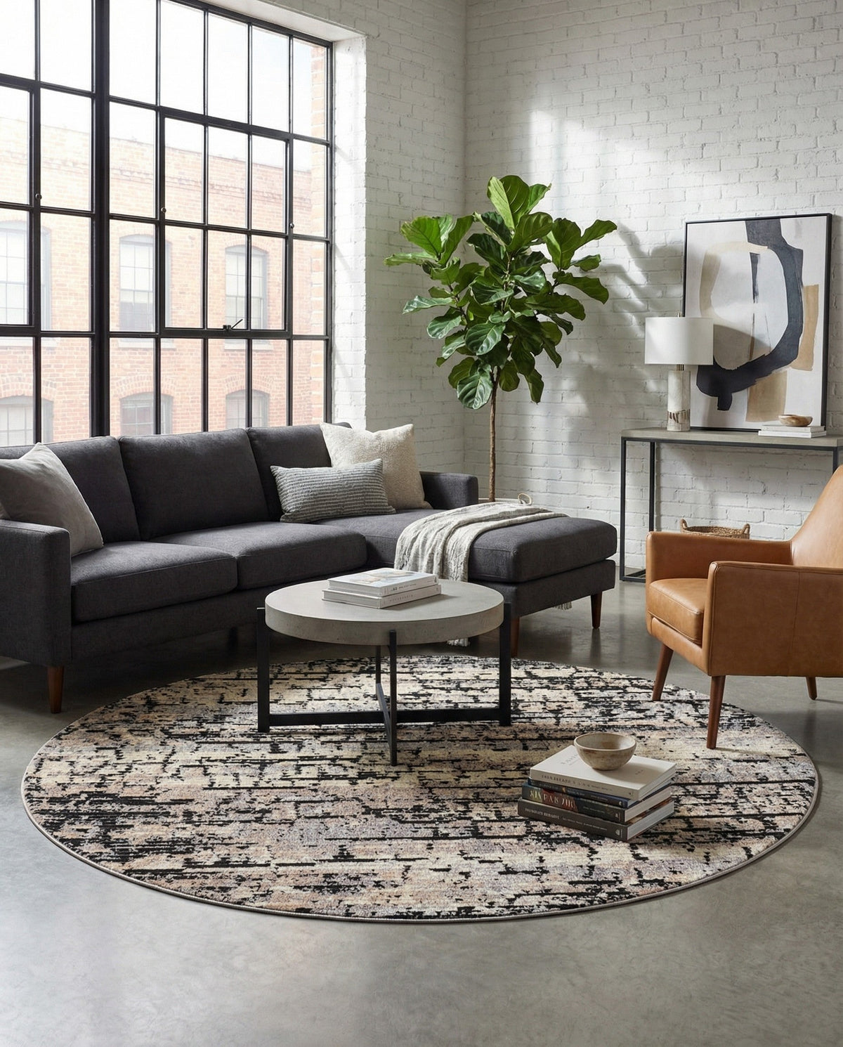 Santa Fe Trails Collection Area Rug -  Chaparral Round Gray  lifestyle 60