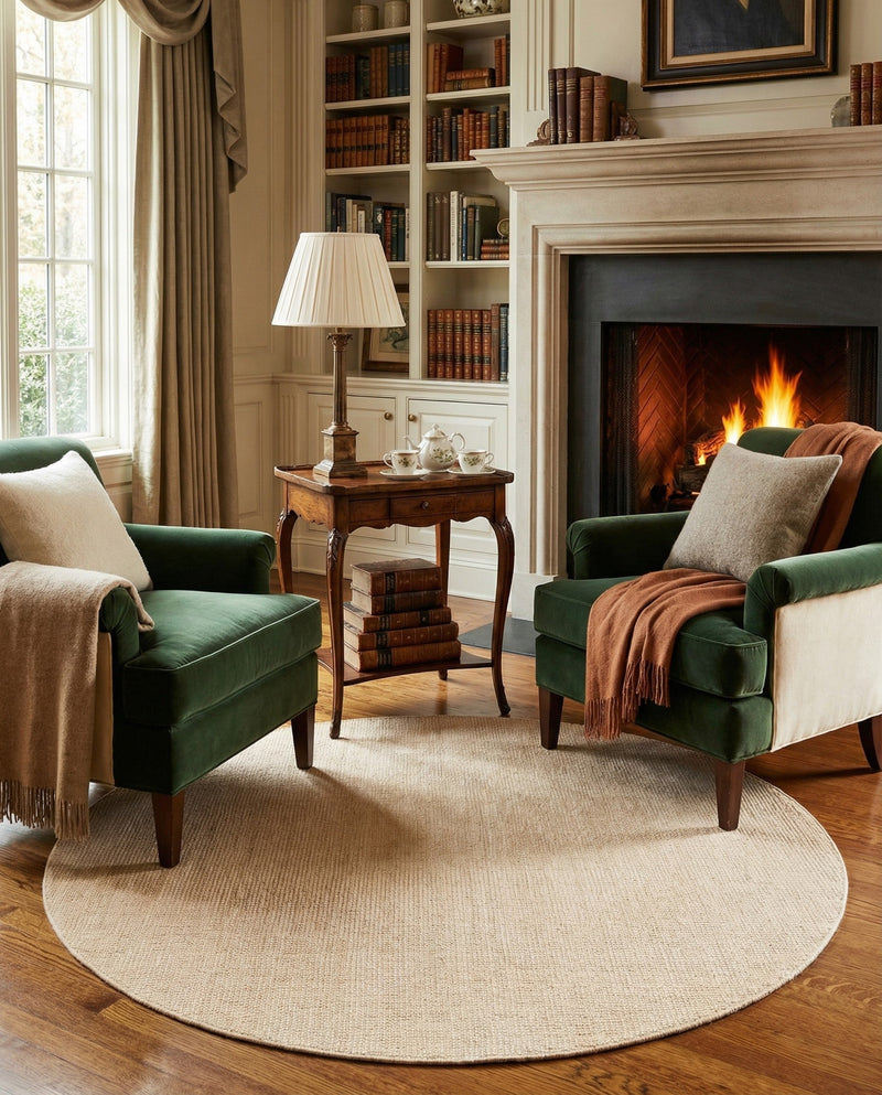 Berkshire Estate Collection Area Rug - Windsor (Oat Beige) Round Oat Beige  lifestyle 50