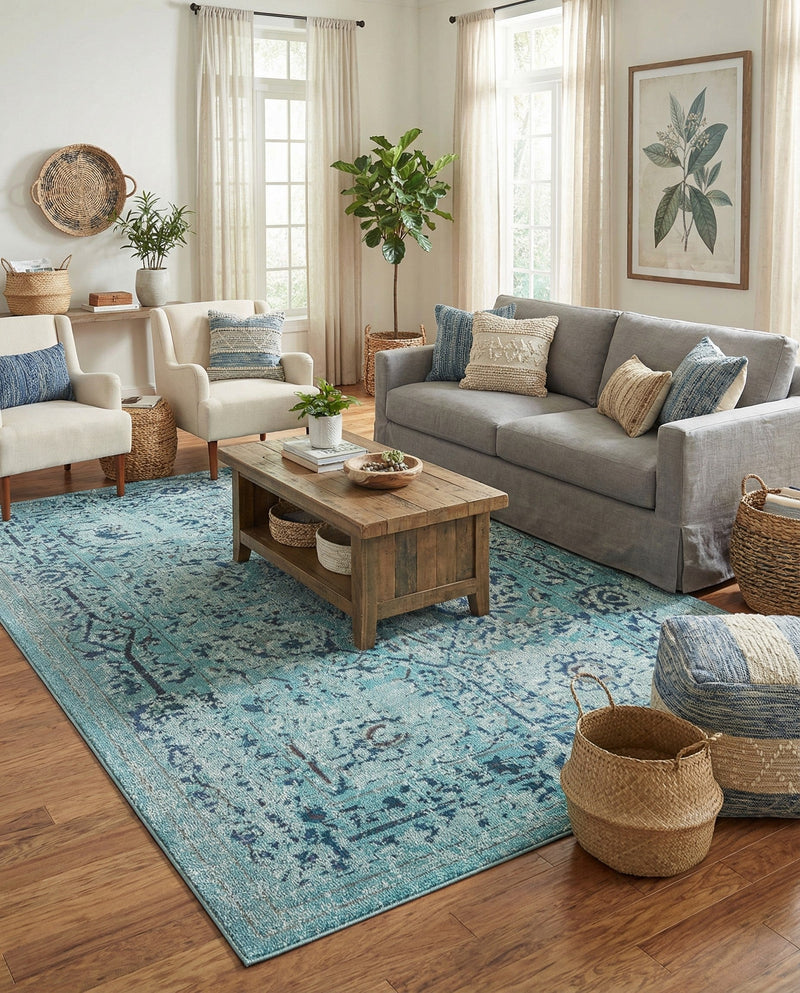 Chateau Elegance Collection Area Rug -  Louvre Rectangle Light Blue  lifestyle 73
