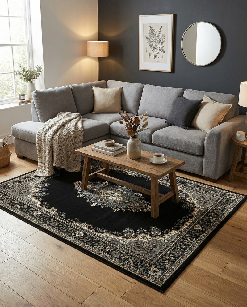 Tabriz Tapestry Collection Area Rug - Azerbaijan (Black) Rectangle Black  lifestyle 31