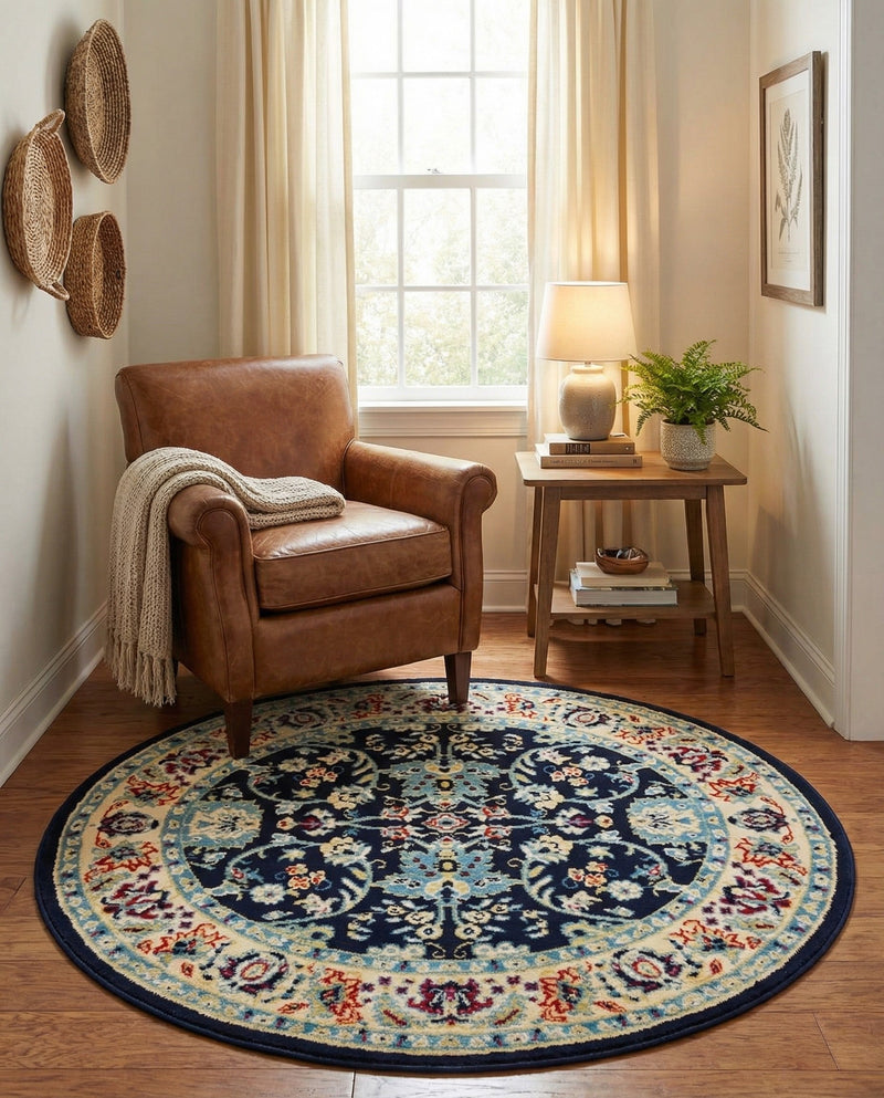 Isfahan Elegance Collection Area Rug - Naghsh-e Jahan (Navy Blue) Round Navy Blue  lifestyle 81