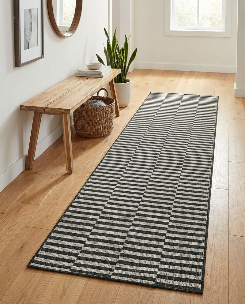 Seaside Stripes Collection Area Rug - Cabana (Charcoal) Runner Charcoal  lifestyle 73