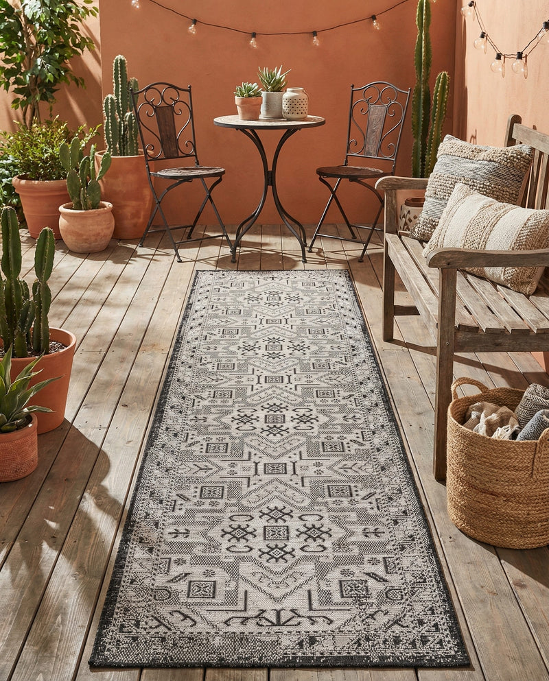 Tribal Terrace Treasures Collection Area Rug - Mayan Marina (Charcoal Gray) Runner Charcoal Gray  lifestyle 69