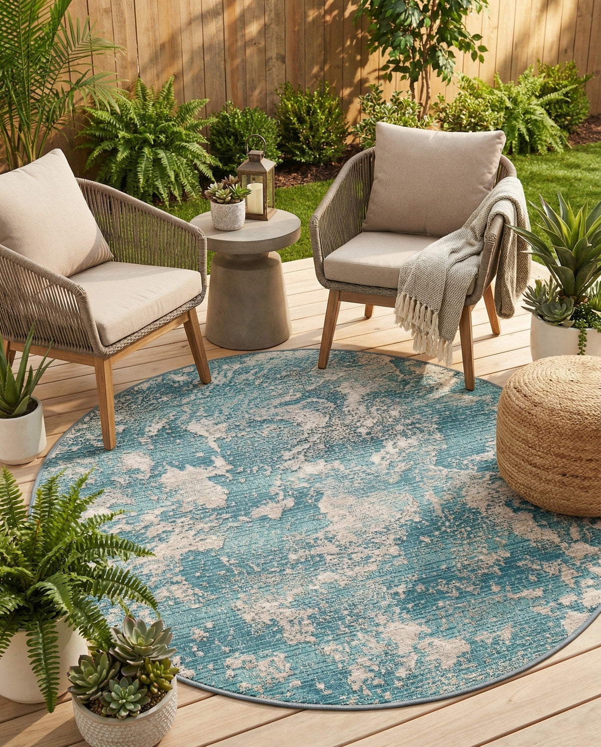 Urban Terrace Collection Area Rug -  Gazebo Round Aqua Blue  lifestyle 90