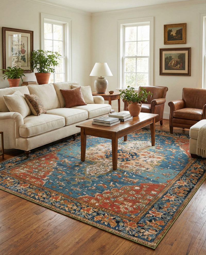 Patio Heritage Collection Area Rug -  Grove Rectangle Navy Blue and Rust Red  lifestyle 20