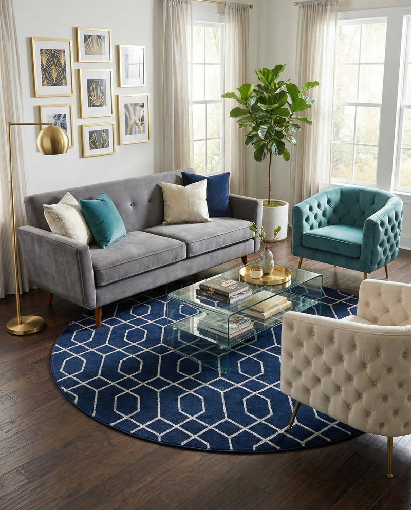 Hollywood Luxe Collection Area Rug - Sunset (Navy Blue Silver) Round Navy Blue Silver  lifestyle 49