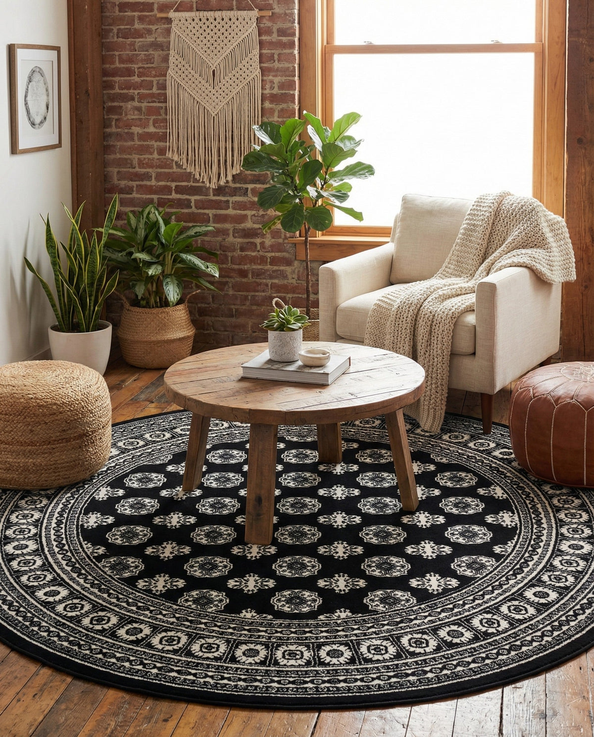 Samarkand Elegance Collection Area Rug -  Margilan (Black and White) Round Black and White  lifestyle 98
