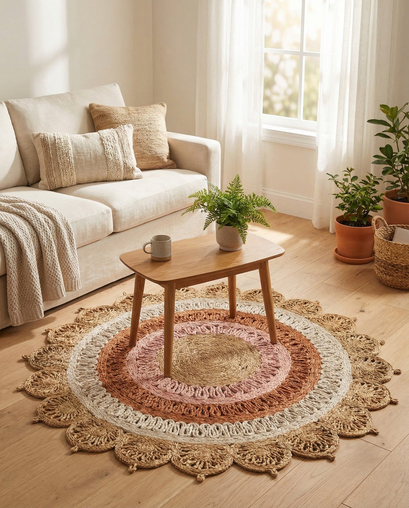 Woven Seaside Jute Collection Area Rug - Coastalhaven (Natural White Orange Pink) Round Natural White Orange Pink  lifestyle 32