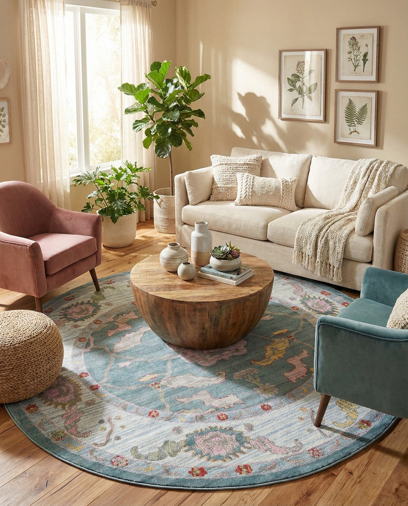 Arcadia Rugs Collection Area Rug - Eden (Gray and Blue) Round Gray and Blue  lifestyle 73