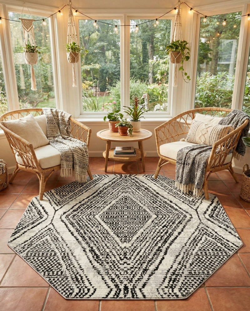Marrakech Mosaic Collection Area Rug -  Medina Octagon Black and White  lifestyle 54