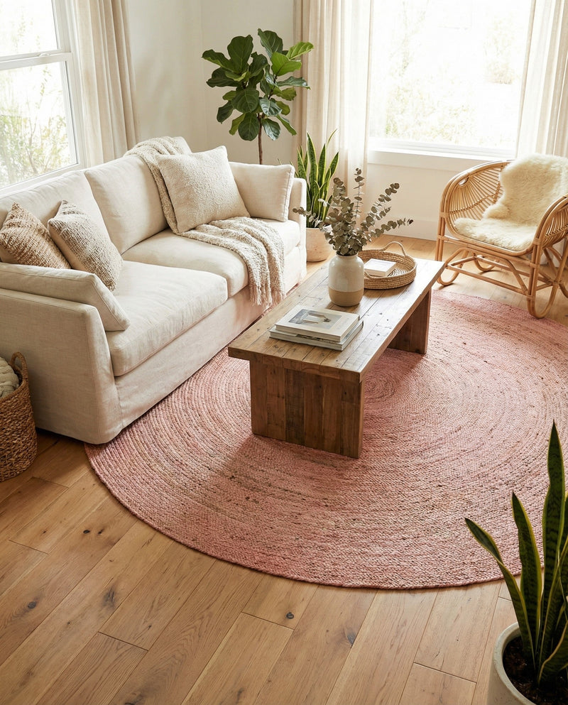 Woven Seaside Jute Collection Area Rug - Savannah (Light Pink) Round Light Pink  lifestyle 71