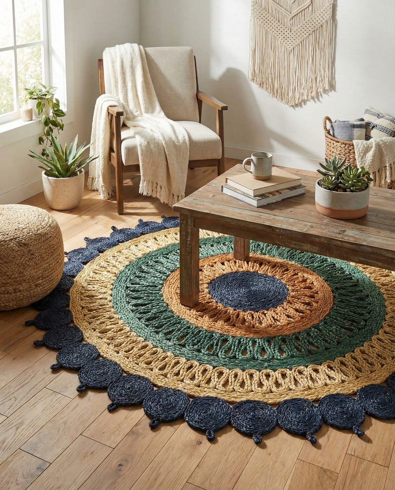 Woven Seaside Jute Collection Area Rug - Coastalhaven (Navy Blue Yellow Green) Round Navy Blue Yellow Green  lifestyle 35