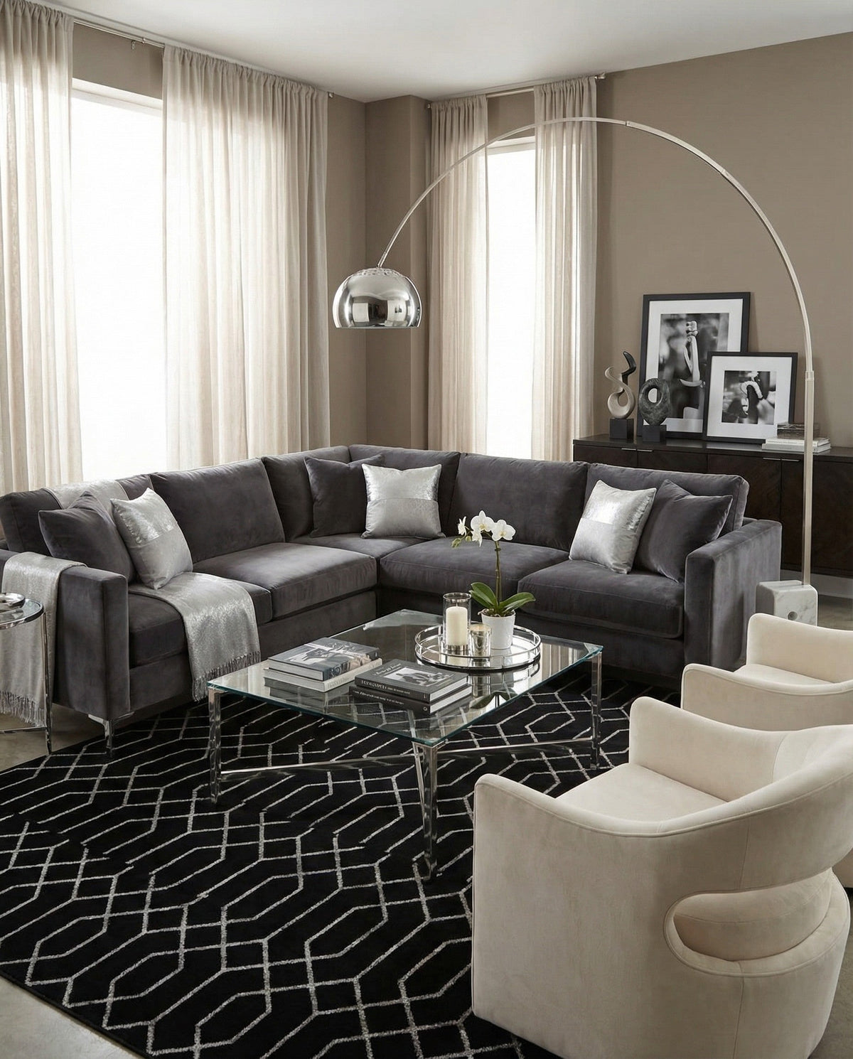 Hollywood Luxe Collection Area Rug - Sunset Rectangle Black and Silver  lifestyle 80