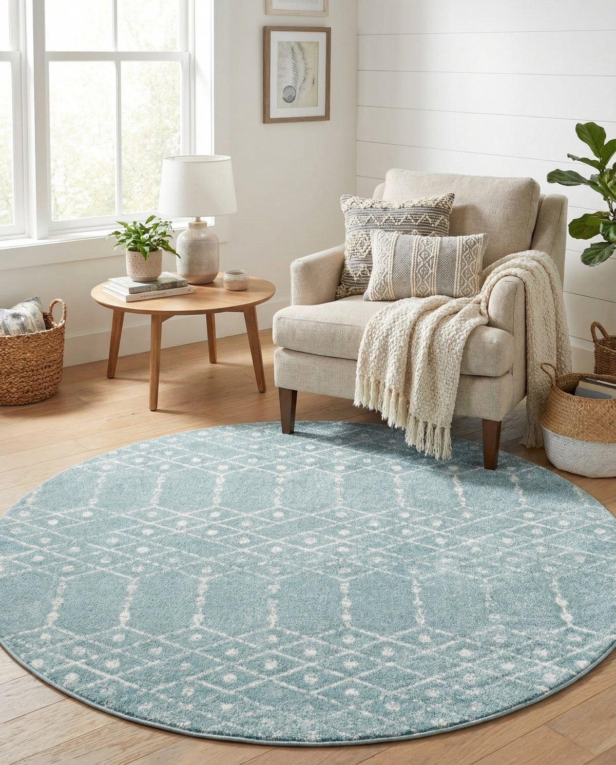 Marrakesh Lattice Collection Area Rug - Casablanca (Aqua) Round Aqua  lifestyle 93