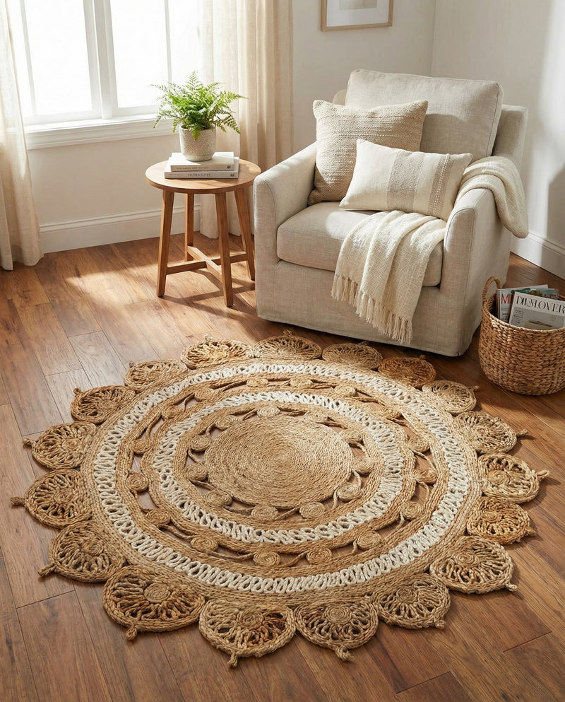 Woven Seaside Jute Collection Area Rug - Coastalhaven (Natural and White) Round Natural and White  lifestyle 27