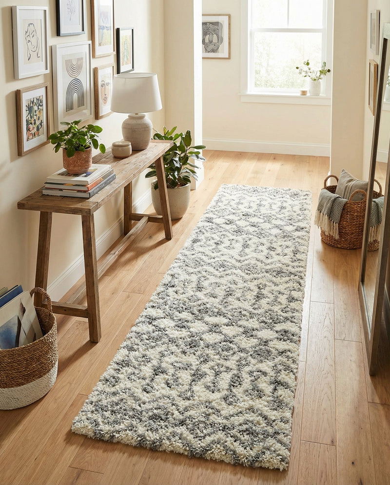 Berber Lattice Shag Collection Area Rug - Atlas (Ivory) Runner Ivory  lifestyle 57