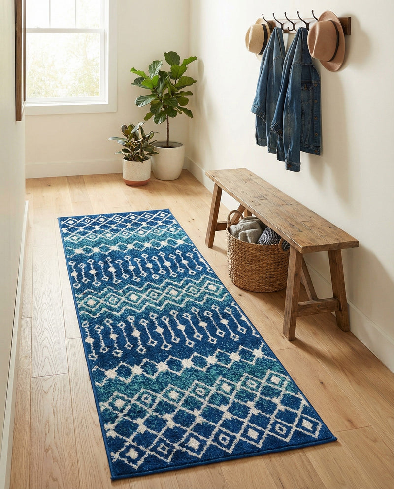 Mediterranean Lattice Collection Area Rug - Santorini (Navy and Teal) Runner Navy and Teal  lifestyle 38