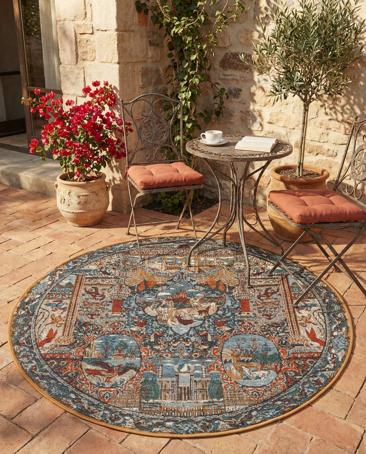 Patio Heritage Collection Area Rug -  Oasis Round Multi  lifestyle 80