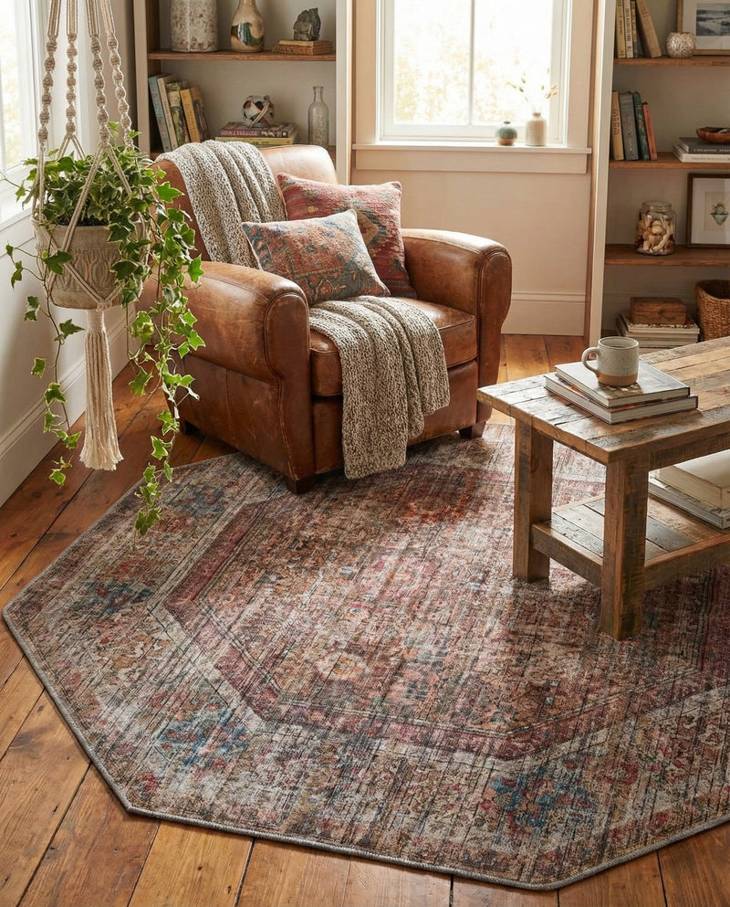 Vintage Memories Collection Area Rug -  Reverie Octagon Rust Red and Brown  lifestyle 43